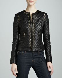 Neiman Marcus Golden Studded Quilted Leather Jacket at Neiman Marcus